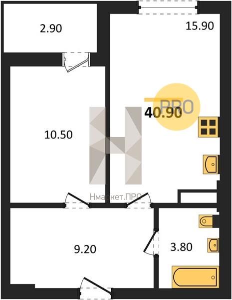 1—комн. квартира, 40.9 кв.м, 7/18 этаж