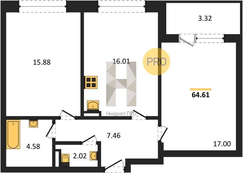 2—комн. квартира, 64.61 кв.м, 3/25 этаж
