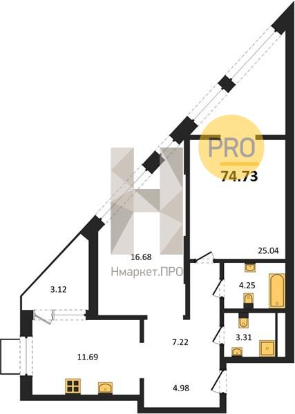 2—комн. квартира, 74.73 кв.м, 12/21 этаж