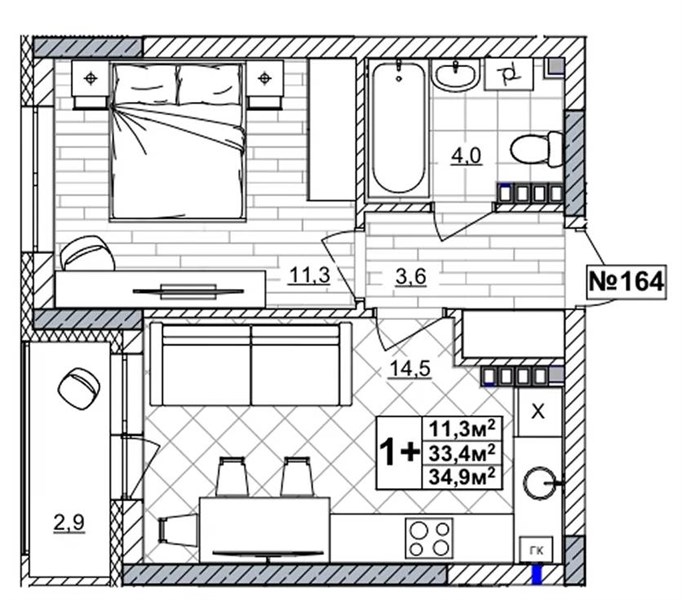 ЖК «Смородина» · 1-комнатная квартира · 34.9 м² · 4 этаж
