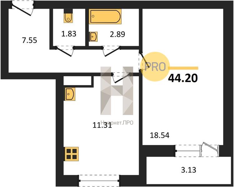 1—комн. квартира, 44.2 кв.м, 14/17 этаж