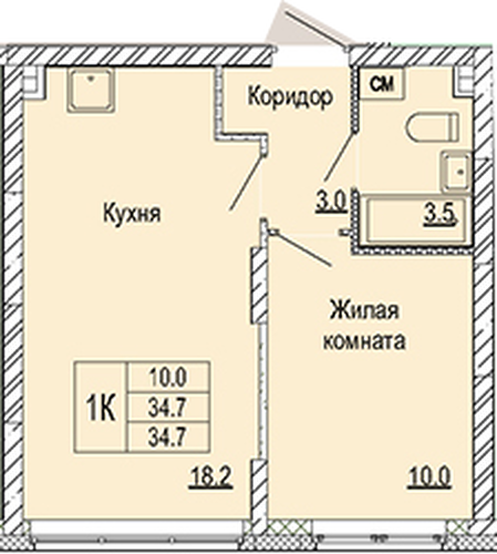 ЖК «Кузнечиха Город» · 1-комнатная квартира · 34.7 м² · 2 этаж