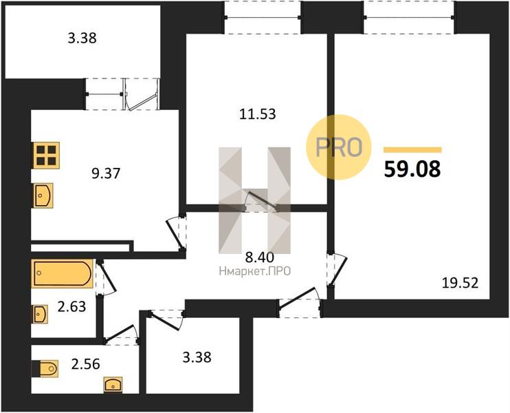 2—комн. квартира, 57.1 кв.м, 6/10 этаж