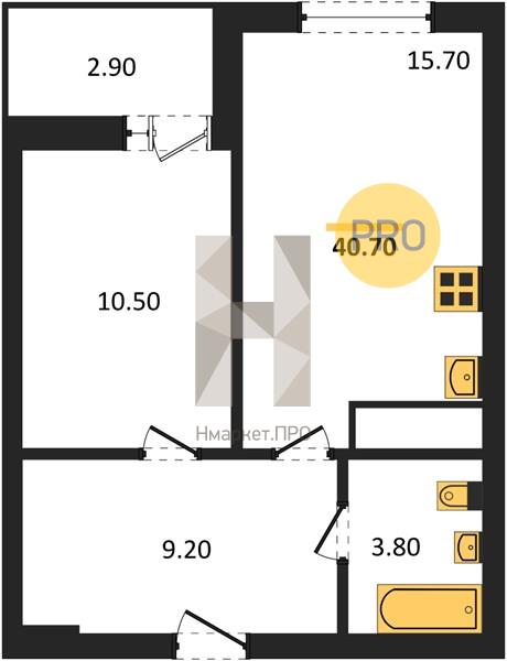 1—комн. квартира, 40.7 кв.м, 16/18 этаж