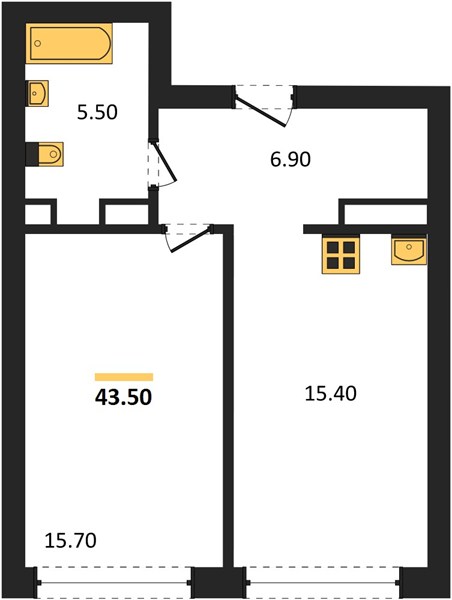 ЖК «Квартет» · 1-комнатная квартира · 43.5 м² · 12 этаж