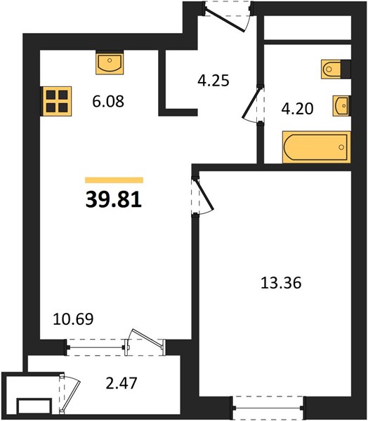 ЖК «Черниговская» · 1-комнатная квартира · 39.81 м² · 29 этаж