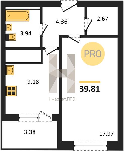 1—комн. квартира, 38.53 кв.м, 18/31 этаж