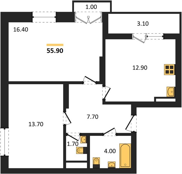 ЖК «Тетра» · 2-комнатная квартира · 55.9 м² · 15 этаж