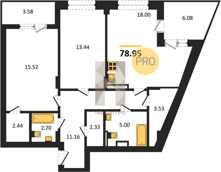 2—комн. квартира, 78.95 кв.м, 16/24 этаж
