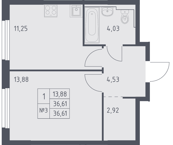 ЖК «Весна в Заречье» · 1-комнатная квартира · 36.6 м² · 21 этаж