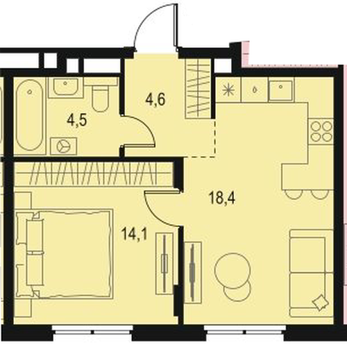 ЖК «Левел Волга» · 1-комнатная квартира · 41.6 м² · 7 этаж