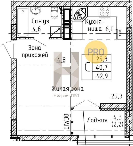 Квартира, 42.9 кв.м, 12/24 этаж
