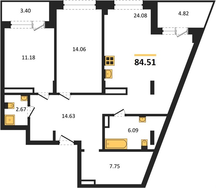 2—комн. квартира, 84.51 кв.м, 12/21 этаж