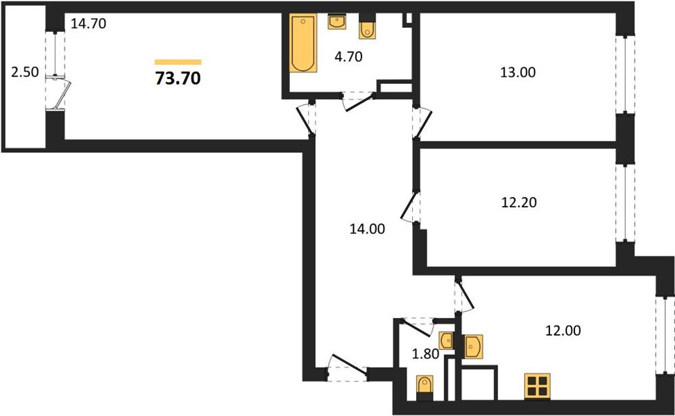ЖК «Смородина» · 3-комнатная квартира · 73.7 м² · 4 этаж