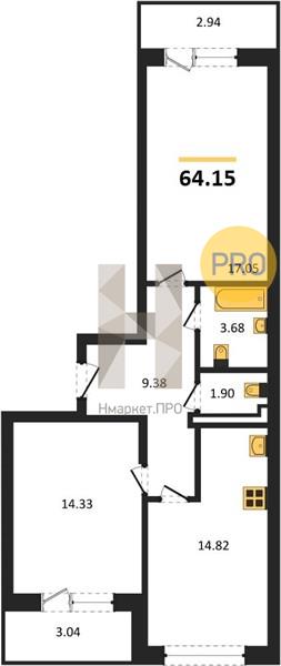 2—комн. квартира, 64.15 кв.м, 8/8 этаж