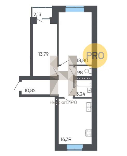 2—комн. квартира, 66.09 кв.м, 2/3 этаж