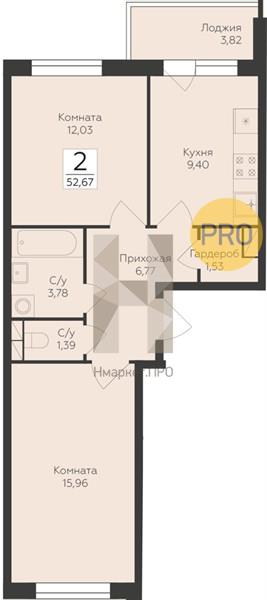 2—комн. квартира, 52.67 кв.м, 3/17 этаж
