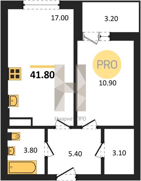 1—комн. квартира, 41.8 кв.м, 1/18 этаж