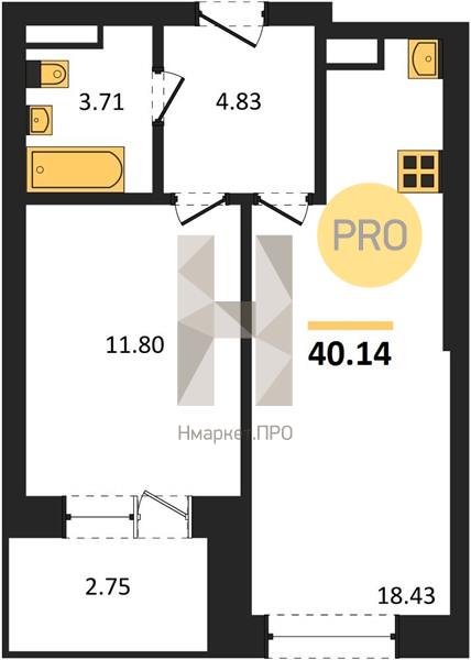 1—комн. квартира, 40.14 кв.м, 8/28 этаж
