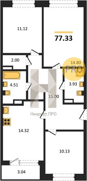 3—комн. квартира, 77.33 кв.м, 3/16 этаж