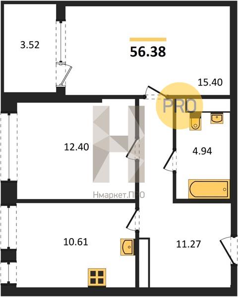 2—комн. квартира, 56.38 кв.м, 4/21 этаж