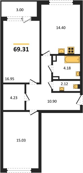 2—комн. квартира, 69.31 кв.м, 5/25 этаж