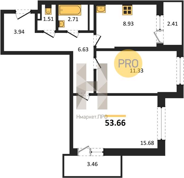 2—комн. квартира, 53.66 кв.м, 12/19 этаж