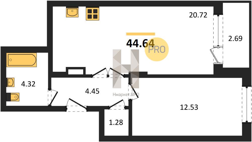 1—комн. квартира, 44.64 кв.м, 2/19 этаж