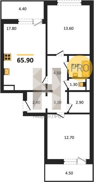 2—комн. квартира, 65.9 кв.м, 12/18 этаж