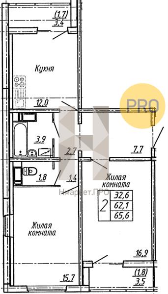 2—комн. квартира, 65.6 кв.м, 15/20 этаж