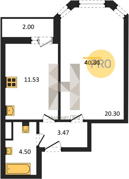 1—комн. квартира, 40.8 кв.м, 10/15 этаж