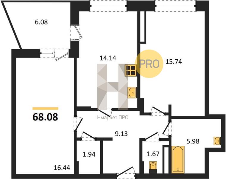2—комн. квартира, 68.08 кв.м, 5/24 этаж