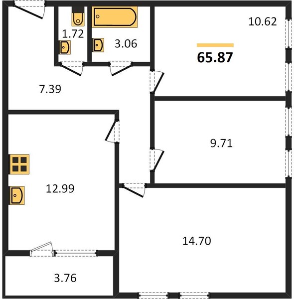 3—комн. квартира, 65.87 кв.м, 3/21 этаж