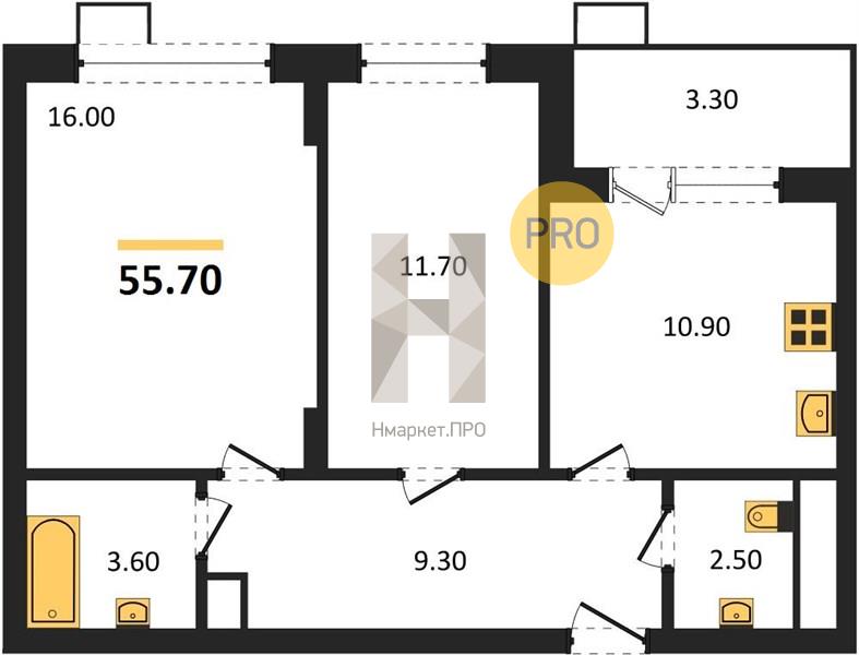 2—комн. квартира, 55.6 кв.м, 10/13 этаж