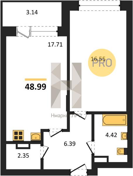 1—комн. квартира, 48.99 кв.м, 3/24 этаж