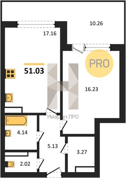 1—комн. квартира, 51.03 кв.м, 10/23 этаж