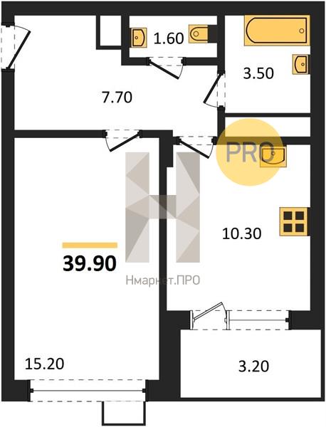1—комн. квартира, 39.9 кв.м, 9/13 этаж