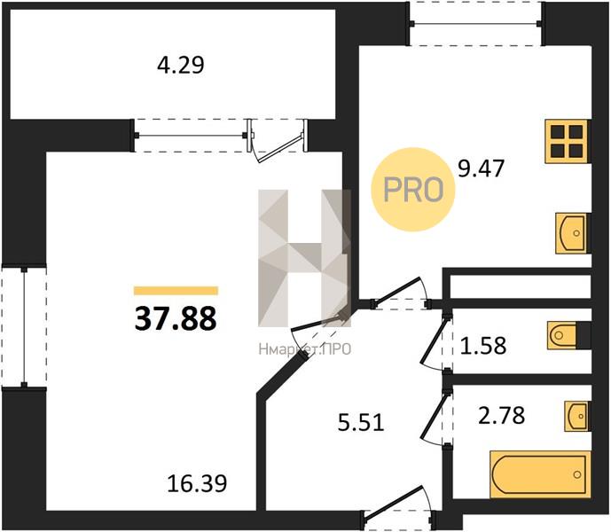 1—комн. квартира, 37.88 кв.м, 3/25 этаж