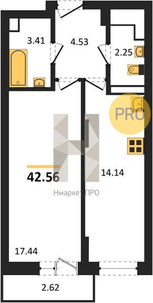 1—комн. квартира, 42.56 кв.м, 3/27 этаж