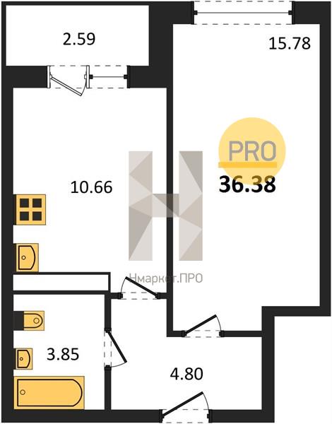 1—комн. квартира, 36.38 кв.м, 16/20 этаж