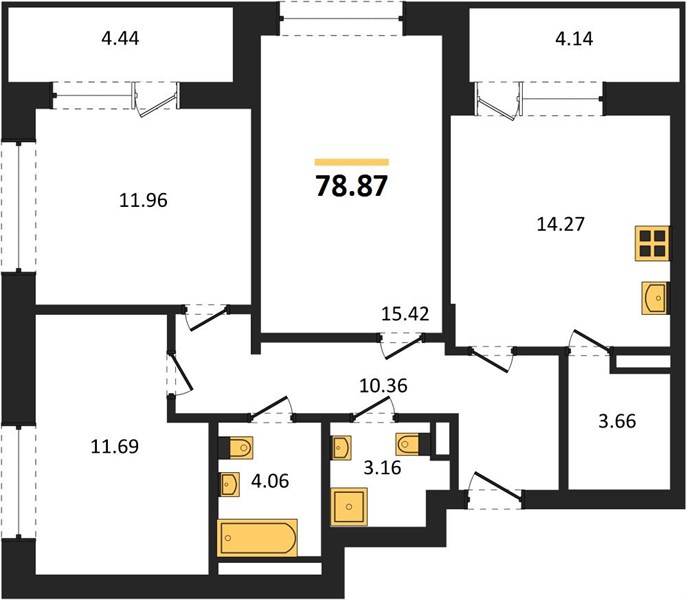3—комн. квартира, 78.87 кв.м, 16/24 этаж