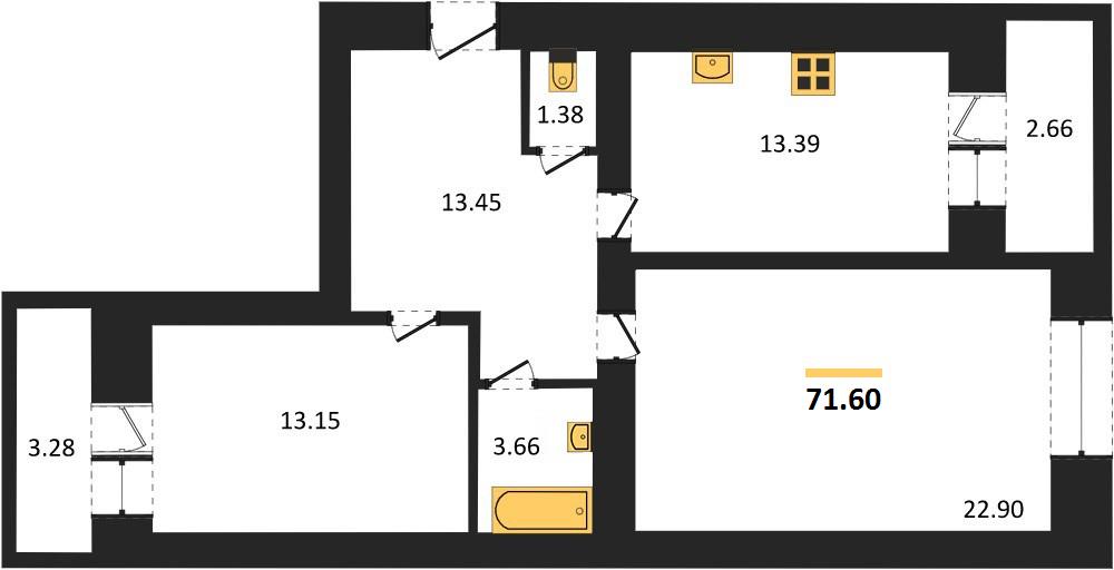 2—комн. квартира, 71.6 кв.м, 14/16 этаж
