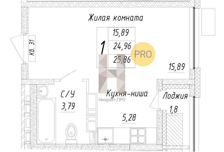 Квартира, 25.86 кв.м, 10/17 этаж