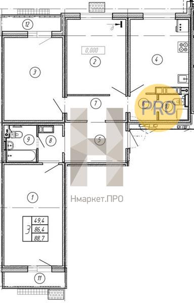 3—комн. квартира, 88.7 кв.м, 4/17 этаж