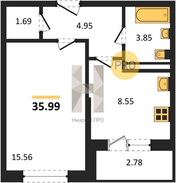 1—комн. квартира, 35.99 кв.м, 13/18 этаж