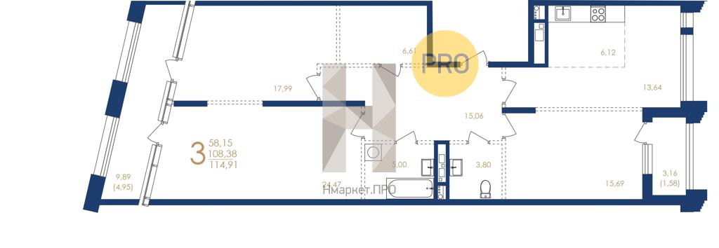 3—комн. квартира, 114.91 кв.м, 3/17 этаж