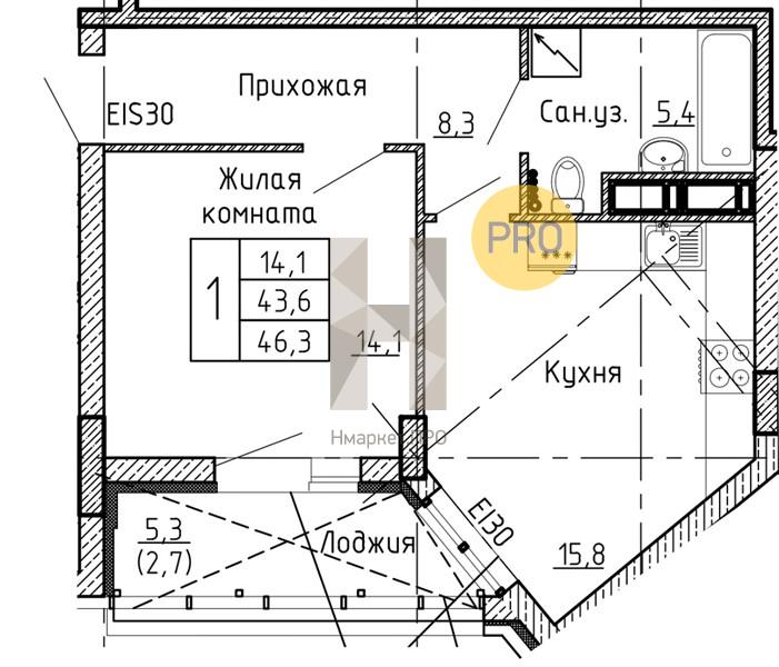 1—комн. квартира, 46.3 кв.м, 11/24 этаж