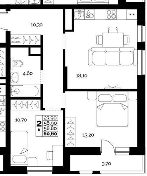 ЖК «Искра» · 2-комнатная квартира · 58.8 м² · 6 этаж