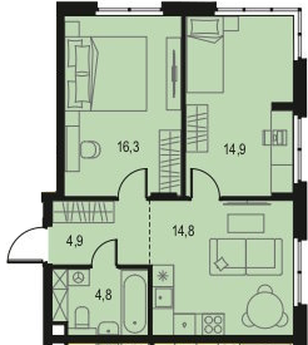 ЖК «Левел Волга» · 2-комнатная квартира · 55.7 м² · 2 этаж