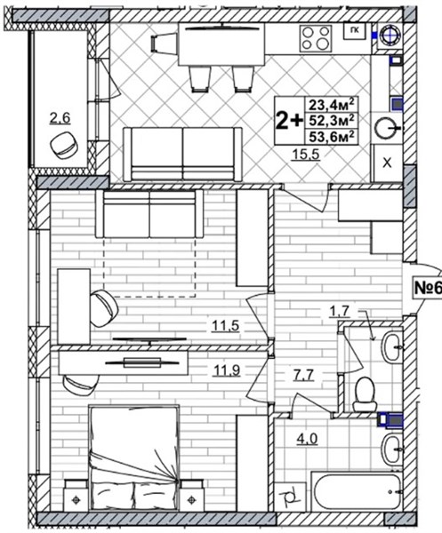 ЖК «Смородина» · 2-комнатная квартира · 53.6 м² · 1 этаж